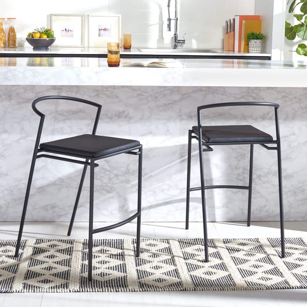 Bauhaus Inspired Black Vegan Leather & Metal Counter Stool Pair