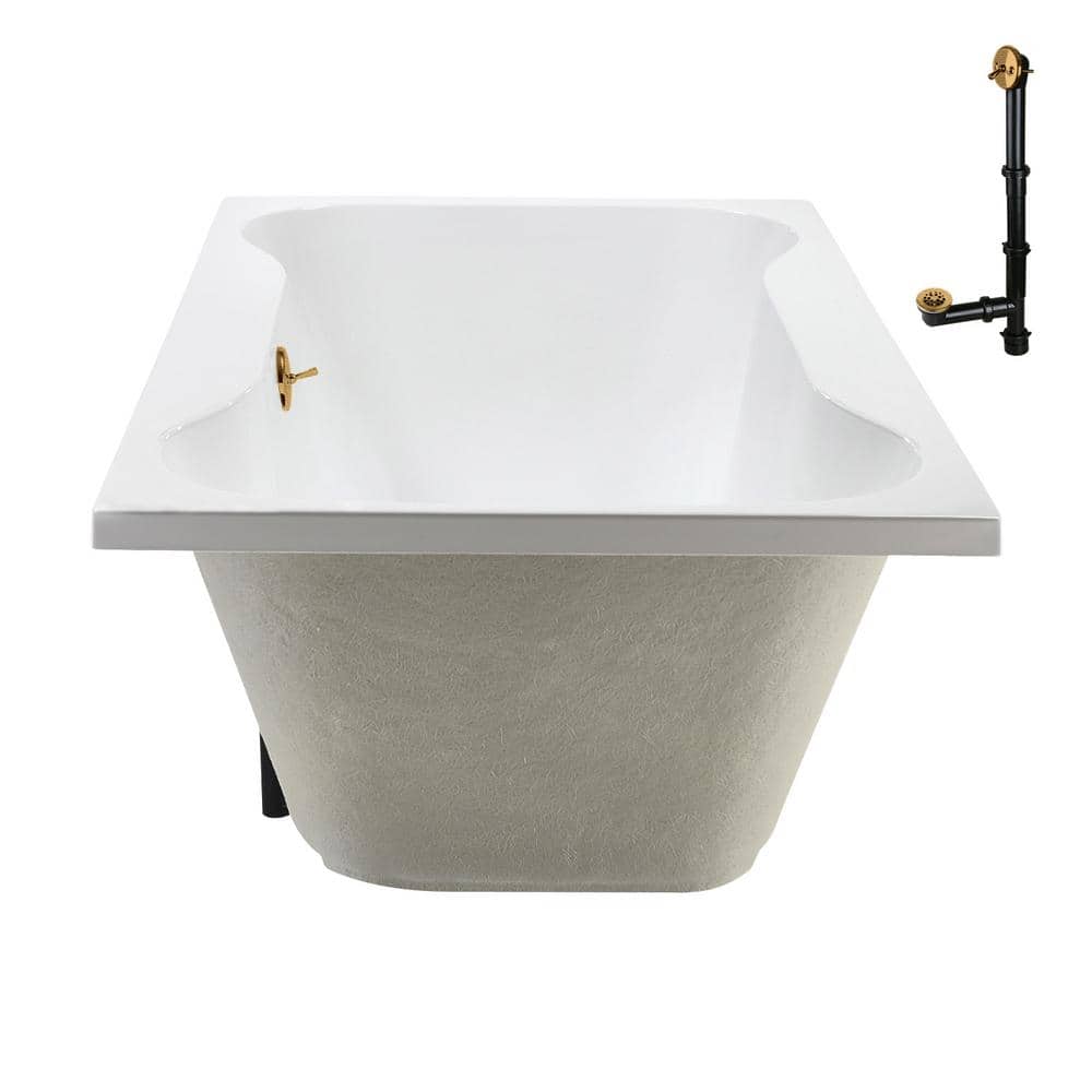 72'' Glossy White Acrylic Soaking Drop-In Bathtub with Brushed Gold Hardware