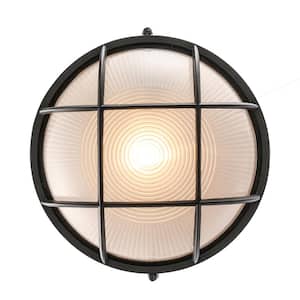Aria 10 in. 1-Light Black Round Bulkhead Outdoor Wall Light Fixture with Frosted Glass