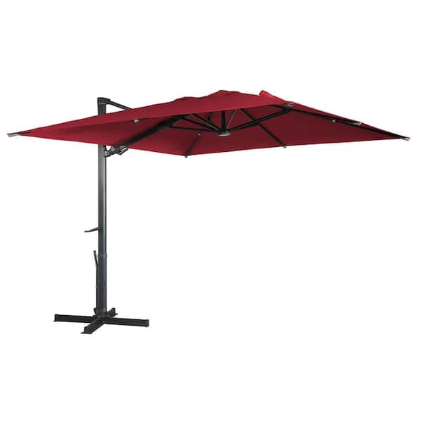 Mondawe 10 ft. Square Aluminum Cantilever Tilt Outdoor Patio Umbrella with LED light, Cross Base Stand in Red for Balcony