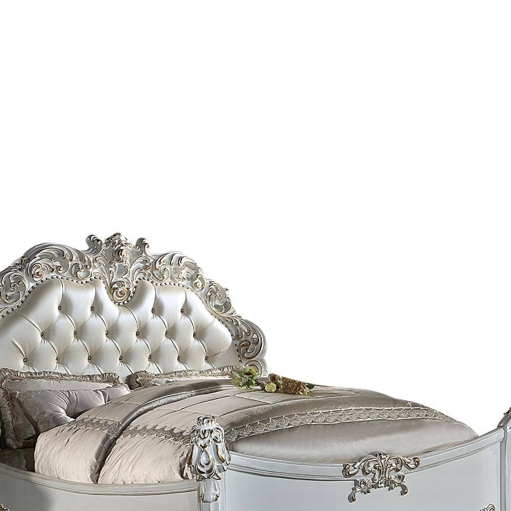 Vendome Queen Bed with Antique Pearl Finish and Tufted Upholstery