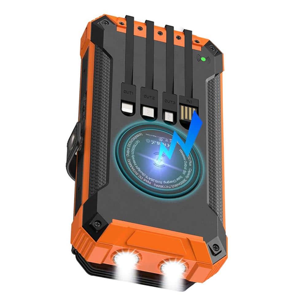36800 mAh Solar Wireless Power Bank Charger with Carabiner Built-in Cables 
