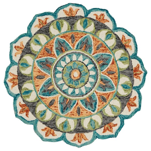 LR Home Daliah Geometric Teal/Green 6 ft. Round Medallion Indoor Area Rug