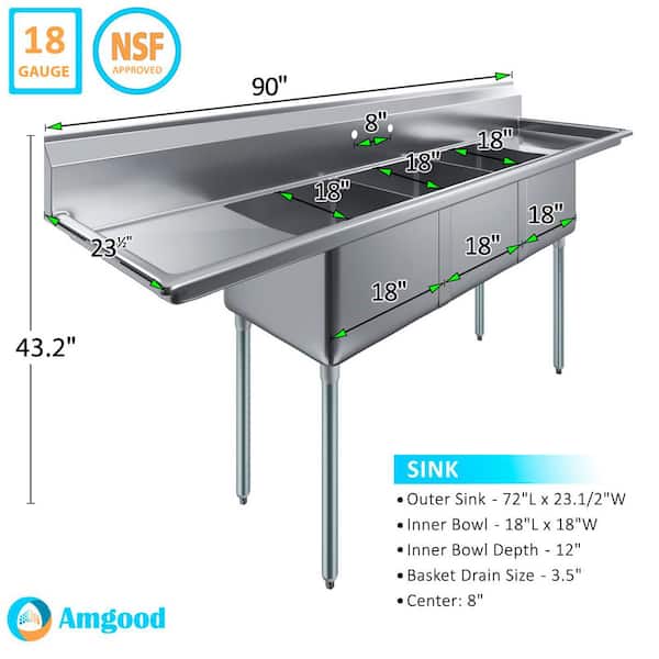 AMGOOD 90 in. x 23.5 in. Stainless Steel 3-Compartment Sink with