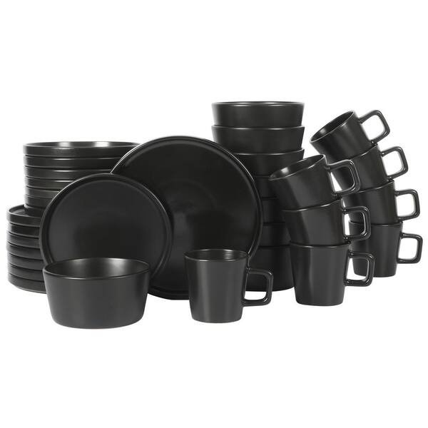 Unbranded 32-Piece Bowery Dinnerware Set, Matte Black, Round, Stoneware, Service for 8
