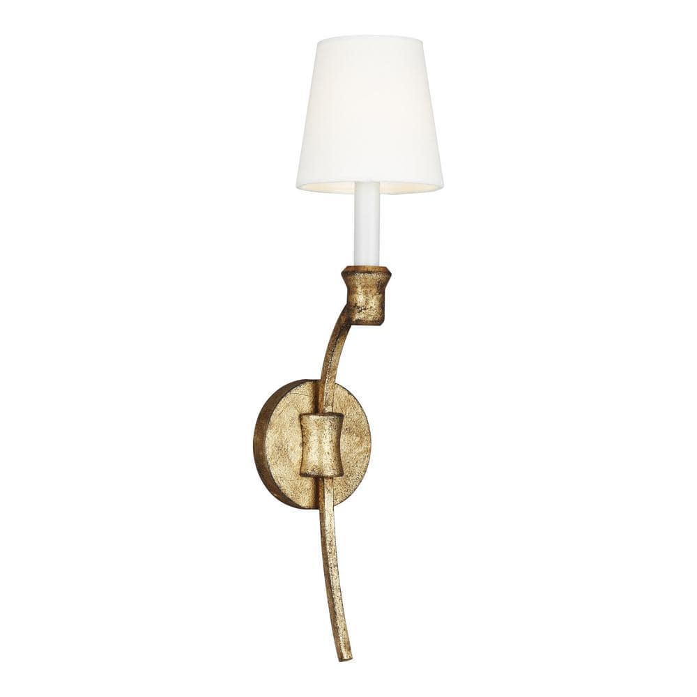 Antique Gild Steel Wall Sconce with White Linen Shade