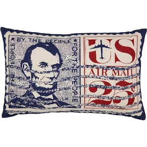 Abraham Lincoln Stamp Navy Red Cream Cotton 14 in. x 22 in. Throw Pillow