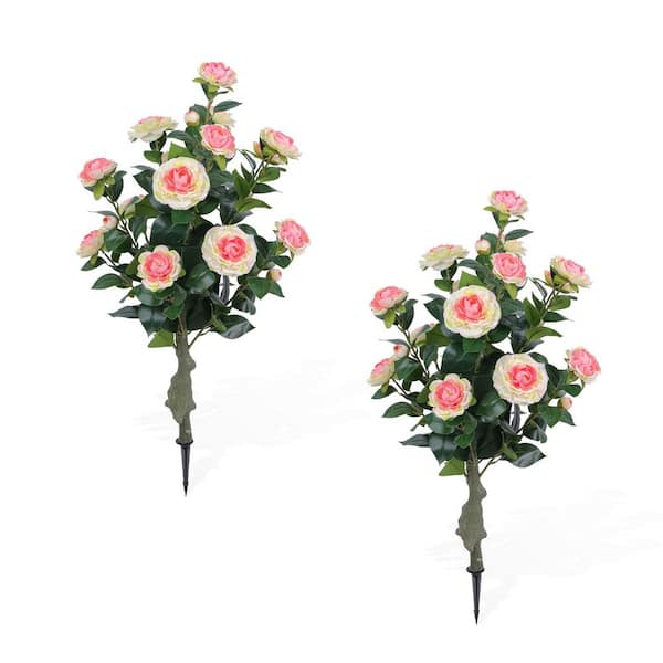 36 in. 2 Pack Artificial Camellia Tree with Ground Spike, UV Resistant Faux Topiary Tree with Flowers, Fake Flower Plant