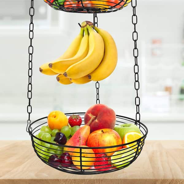3-Tier 36 in. Wire Hanging Fruit Basket with Banana Hook and Installation Bracket for Kitchen