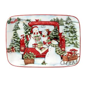 Red Truck Snowman 10 in. Multi-Colored Earthenware Serving Platter