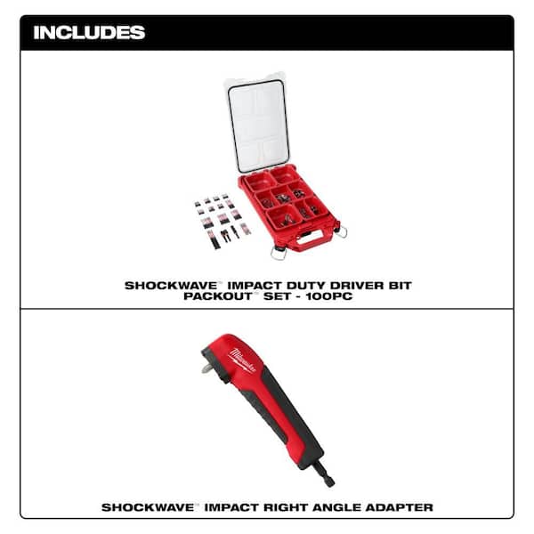 SHOCKWAVE Impact Duty Alloy Steel Screw Driver Bit Set with PACKOUT Case (100-Piece) with Right Angle Drill Adapter