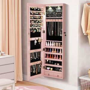 Pink MDF Mirrored Wall & Door Mounted Jewelry Cabinet Storage Organizer with Lights&Drawer