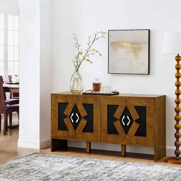 anpport Mid-Century Modern Brown Wood 60 in. Sideboard with Geometric Pattern and Adjustable Shelves