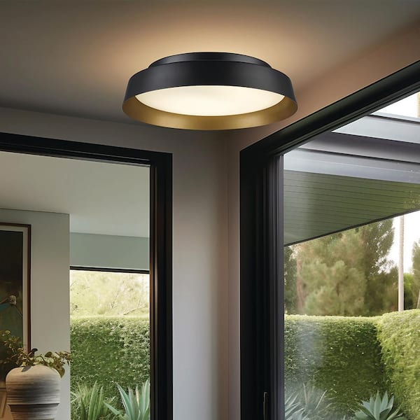 13 in. Black and Gold Integrated LED Flush Mount Ceiling Light with Frosted Glass