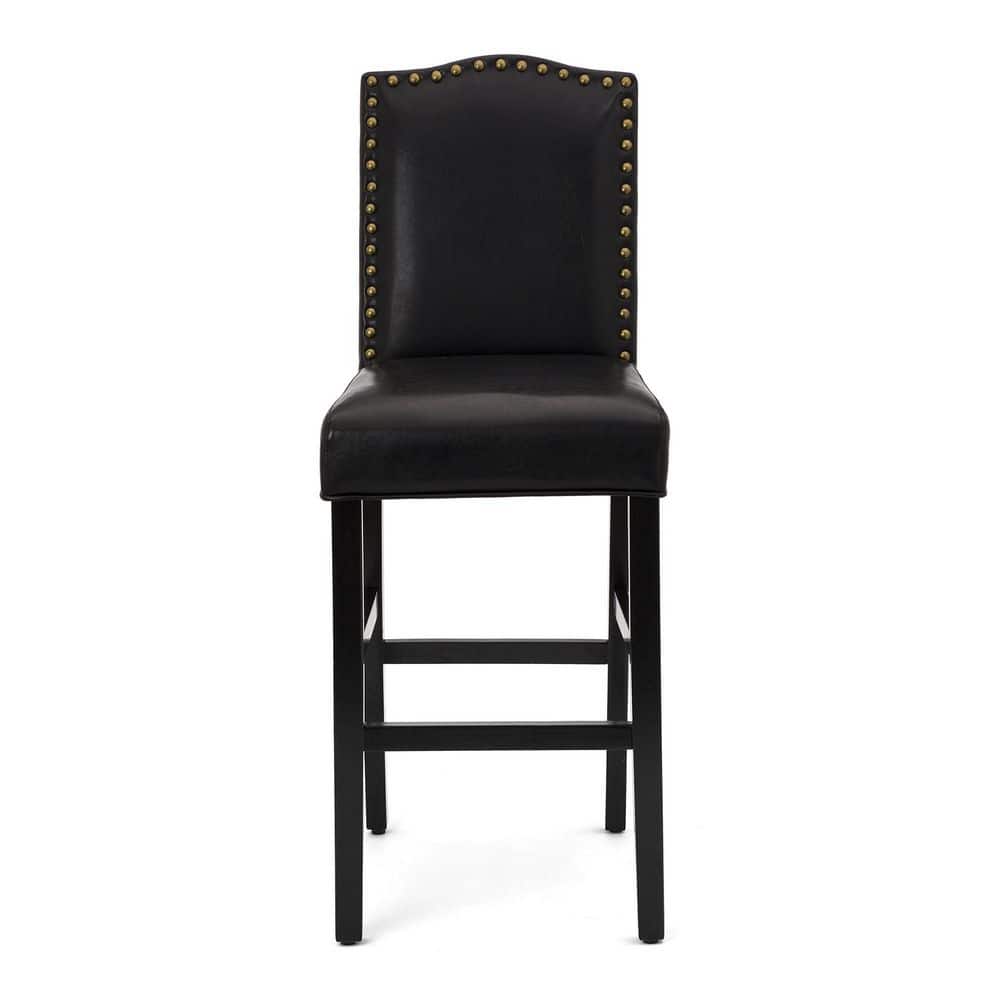 Black Leather Upholstered Bar Stools with Wood Legs, Set of 4
