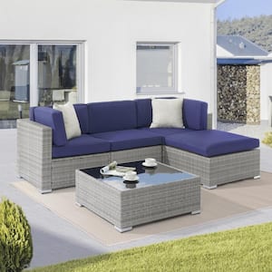 5-Piece Rattan Wicker Patio Conversation Sectional Seating Set with Navy Blue Cushions