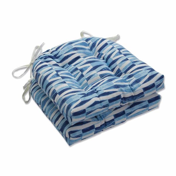 Pillow Perfect Geometric 16 in. x 15.5 in. Outdoor Dining Chair Cushion in Blue/Off-White (Set of 2)