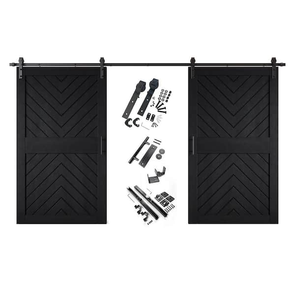JT4 42 in. x 84 in. C-Panel Black Fishbone Design Double Pine Wood Sliding Barn Door with Hardware Kit