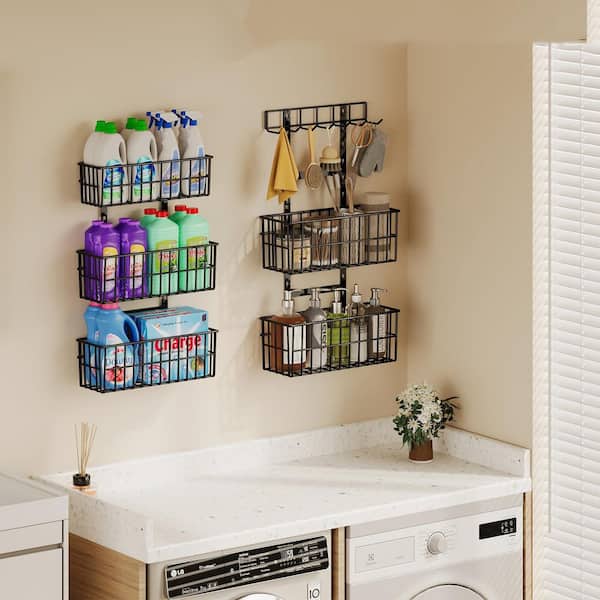 Adjustable Black Metal Hanging Door Organizer with 5 Wire Basket 7 Hooks, Wall Mounted Shelf for Pantry Organization