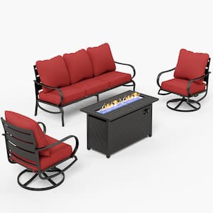 Metal 5 Seat 4-Piece Outdoor Patio Conversation Set with Red Cushions Swivel Chairs Rectangular Fire Pit Table