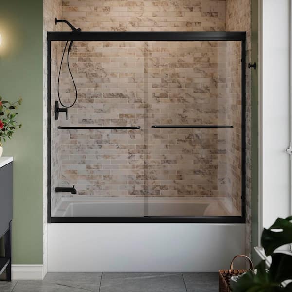 Lively 57-60 in. W x 58 in. H Frameless Sliding Tub Door in Matte Black with 1/4 in. Thick Crystal Clear Glass