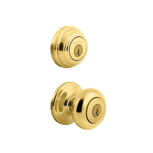 Kwikset Juno Polished Brass Exterior Entry Door Knob and Single Cylinder Deadbolt Combo Pack Featuring SmartKey Security