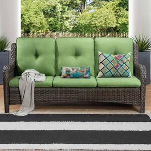 3-Seat Wicker Outdoor Patio Sofa Sectional Couch with Green Cushions