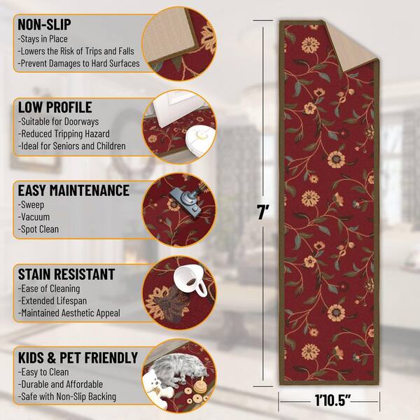 Ottohome Collection Non-Slip Rubberback Floral Leaves 2 x 7 Indoor Runner Rug, 1 ft. 10.5 in. x 7 ft., Dark Red