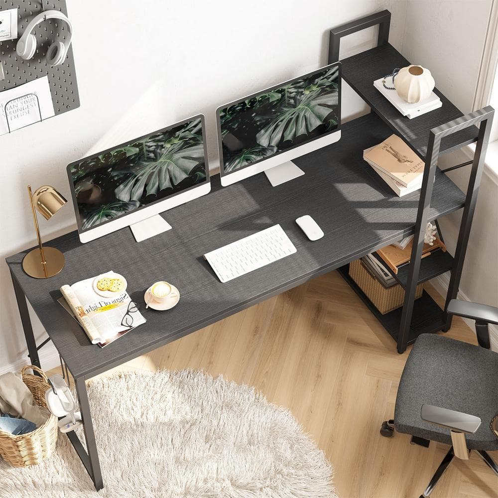 63" Black Oak Writing Desk with Headphone Hook and Reversible Bookshelf