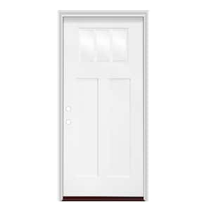 36 in. x 80 in. Right-Hand/Inswing Craftsman 3 Lite 1/4 Toplite Clear Glass Smooth Fiberglass Prehung Door w/PVC Frame