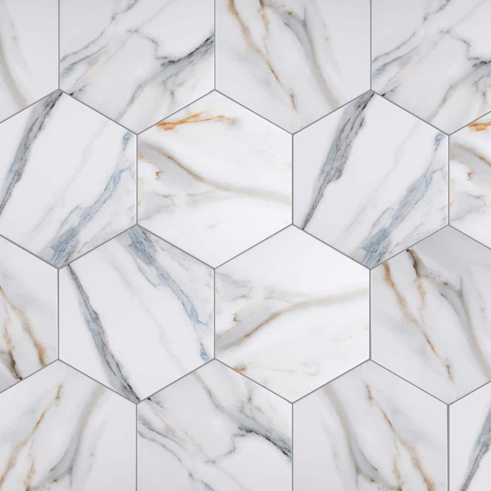 MOLOVO Calacatta Hexagon 7.9 in. x 9.5 in. Matte Gold Blue Porcelain Marble look Floor and Wall Tile (10 sq. ft./Case), White -  SEN-NIAG-HX89
