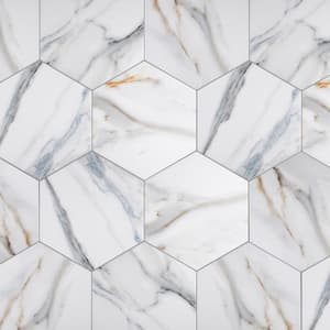 Calacatta Hexagon 7.9 in. x 9.5 in. Matte Gold Blue Porcelain Marble look Floor and Wall Tile (10 sq. ft./Case)