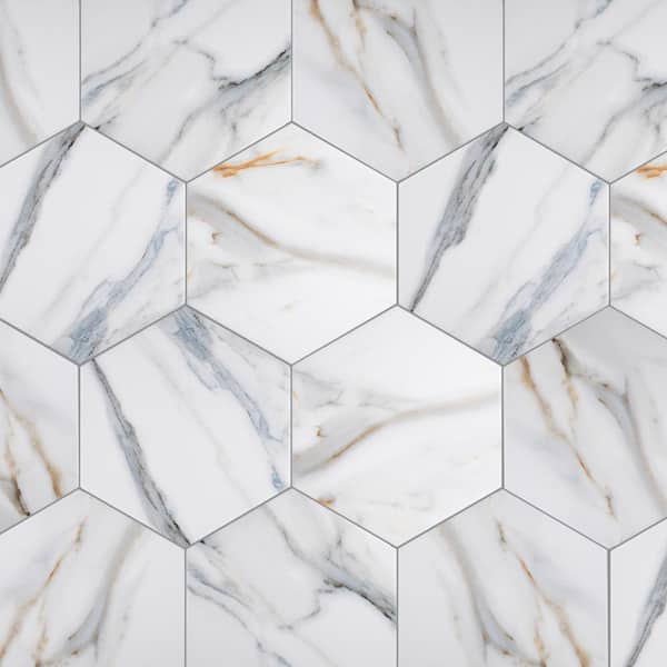 MOLOVO Calacatta Hexagon 7.9 in. x 9.5 in. Matte Gold Blue Porcelain Marble look Floor and Wall Tile (10 sq. ft./Case)