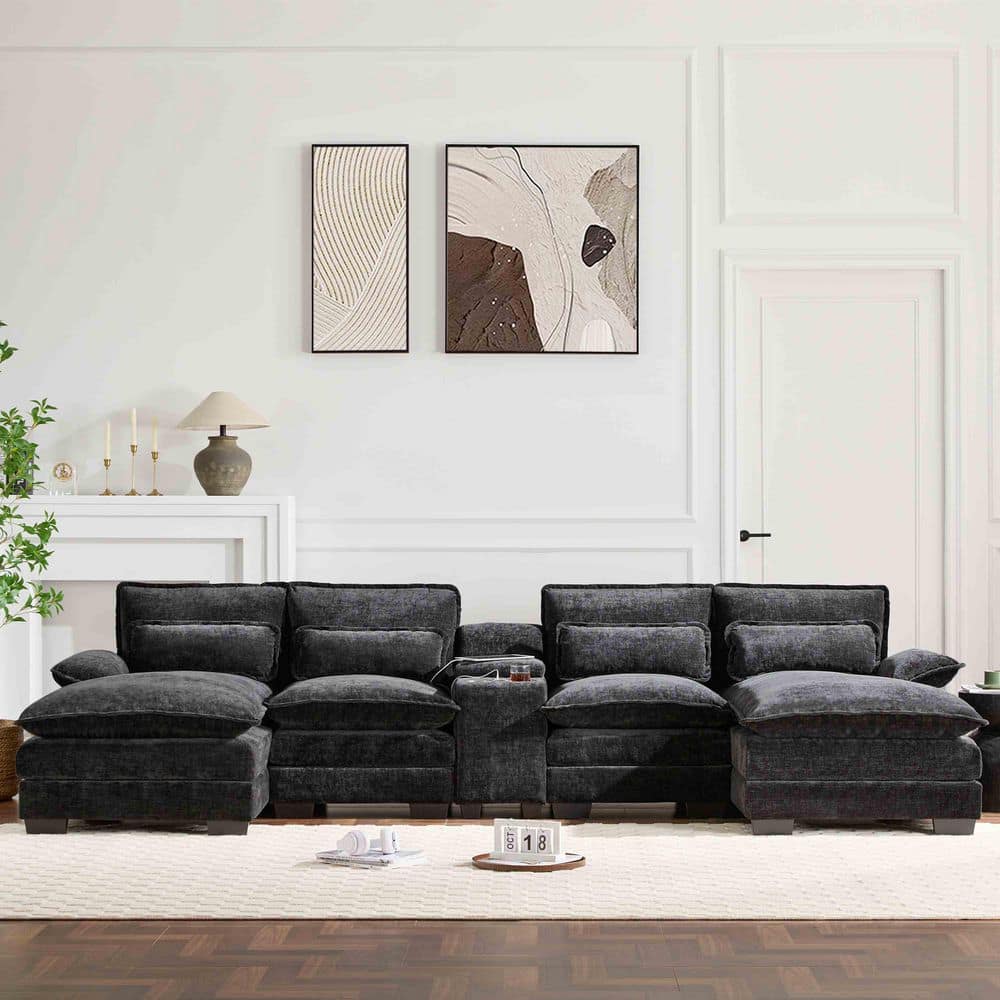 123 in. Pillow Top Arm Chenille Sectional Sofa with Console, Cup Holders and USB Charger in. Black