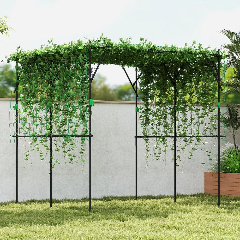 Black Metal Garden Arch Trellis with Green Climbing Net, 7.3 FT Tall