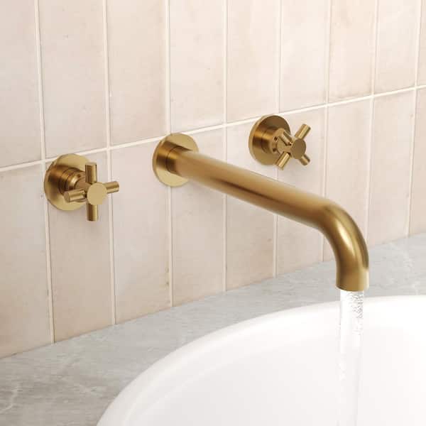 Double-Handle Wall Mount Roman Tub Faucet in Brushed Gold (Valve Included)
