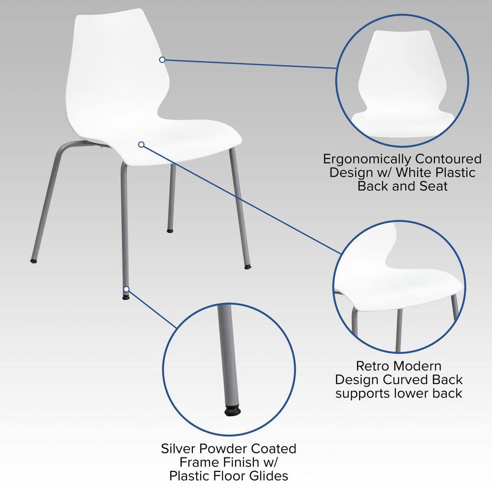Lumbar-Support White & Silver Metal Stackable Chair