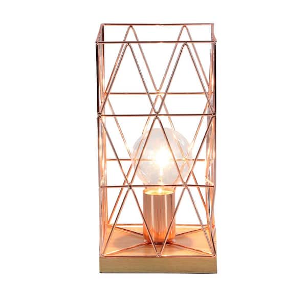 Litton Lane 12 in. Rose Gold-Finished Iron Cuboid Crosshatched Lamp with a Wooden Base