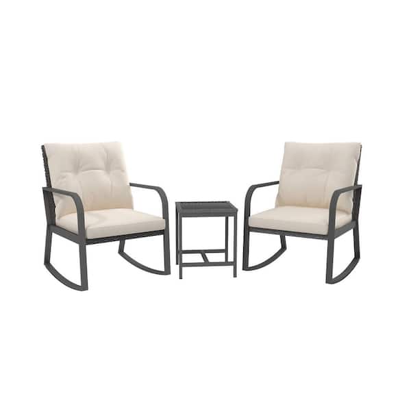 3 Piece Metal Outdoor Bistro Set with Off-white Cushions, Rocking Chair and Table for Yard Garden Poolside