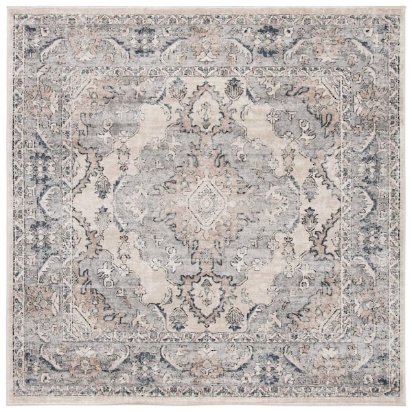 Oregon 10 ft. x 10 ft. Square Beige/Gray Distressed Floral Medallion Area Rug