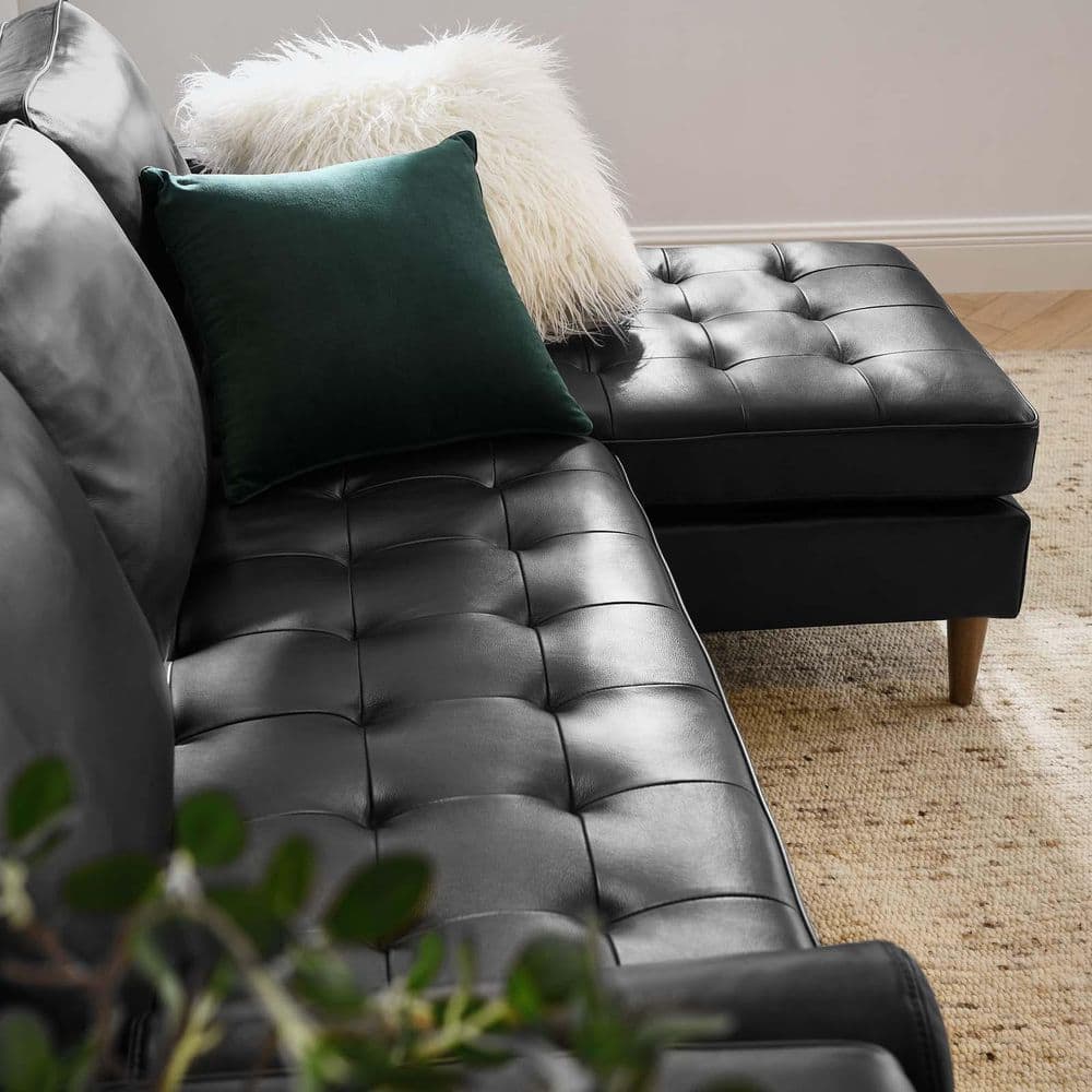 Valour 78" Black Genuine Leather Tufted Sectional Sofa with Ottoman