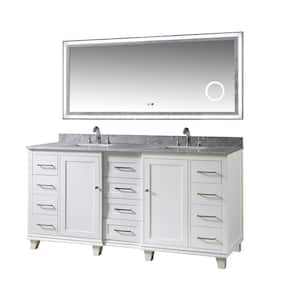 72 in. W x 25 in. D x 34 in. H Double Sink Freestanding Bath Vanity In White with Carrara White Marble Top and Mirror
