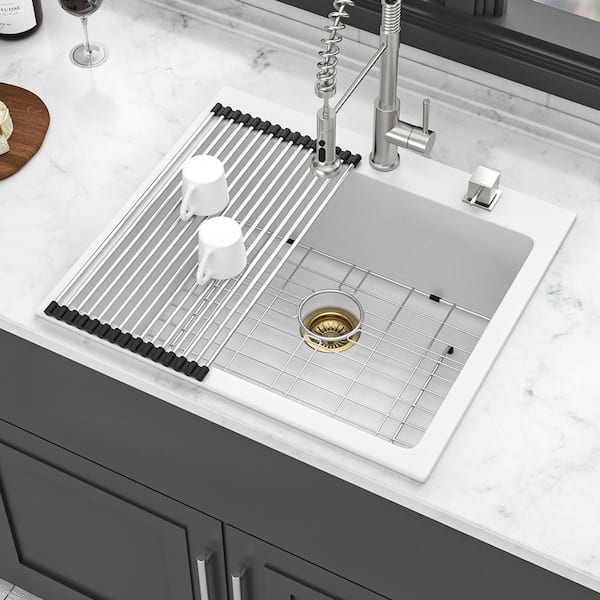 25 in. Drop-In Single Bowl White Quartz Kitchen Sink with Bottom Grids