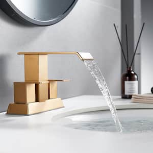 4 in. Centerset Double Handle Low Arc Bathroom Faucet with Pop-up Drain Included in Matte Gold