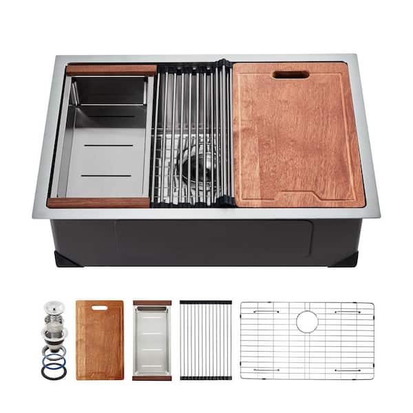 VEVOR 27 in. Kitchen Sink Workstation, 304 Stainless Steel Undermount Sink, Drop-In Single Bowl Farmhouse Basin with Ledge