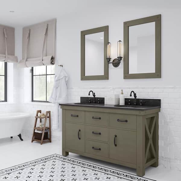 Water Creation Aberdeen 60 in. W x 34 in. H Vanity in Grizzle Gray with Granite Vanity Top in Limestone with White Basins and Mirrors