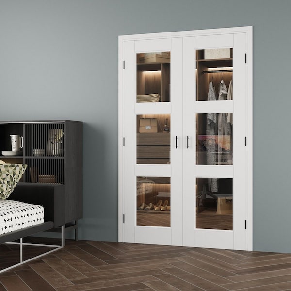 36 in. x 80 in. 3-Lite Clear Glass Universal White Solid Core Glass Double Prehung French Door+ Separate Jamb&Ball Catch