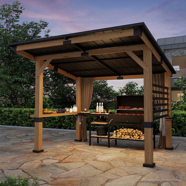 11 ft. x 10 ft. Cedar Wood Gazebo with Galvanized Steel Roof, Ceiling Hook for Patio, Privacy Curtains