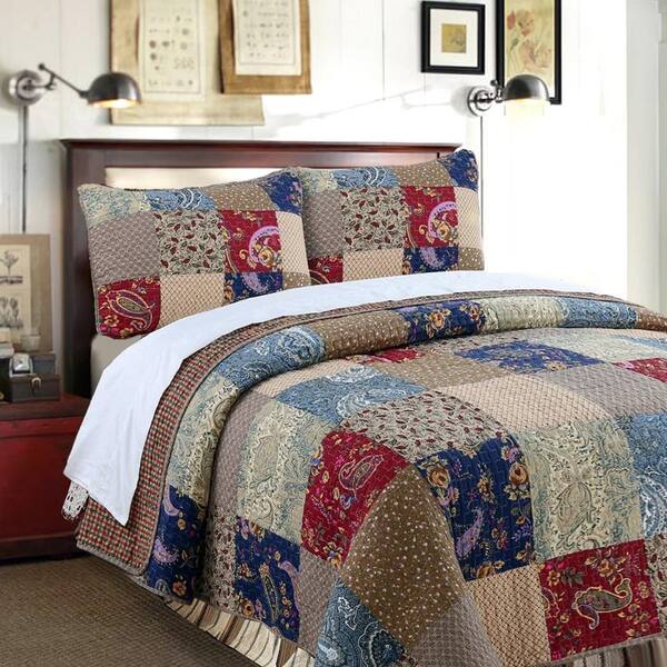 Cozy Line Home Fashions Sanders Floral Paisley 3-Piece Navy Blue Brown Red Patchwork Cotton King Quilt Bedding Set