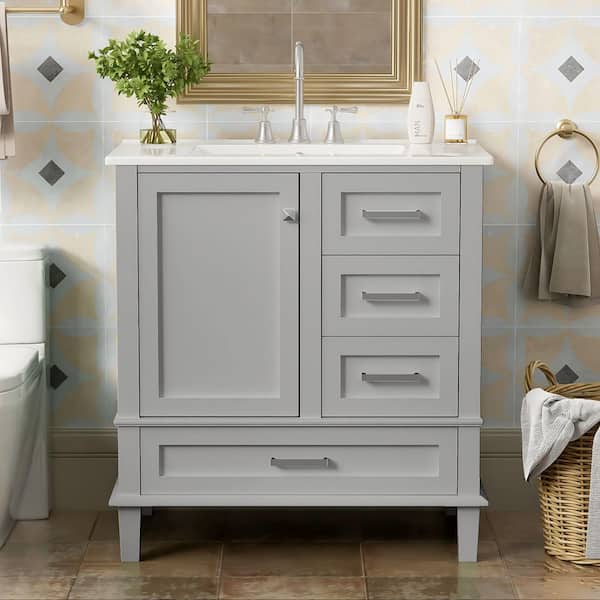 Polibi 30 in. W x 18 in. D x 34 in. H Bath Vanity in Gray with Soft Closing Door, Solid Wood Frame and 3-Drawers